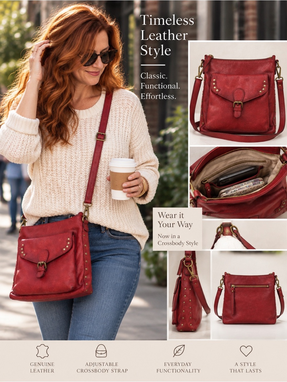 Red Genuine Leather Crossbody Bag with Front Flap Pocket